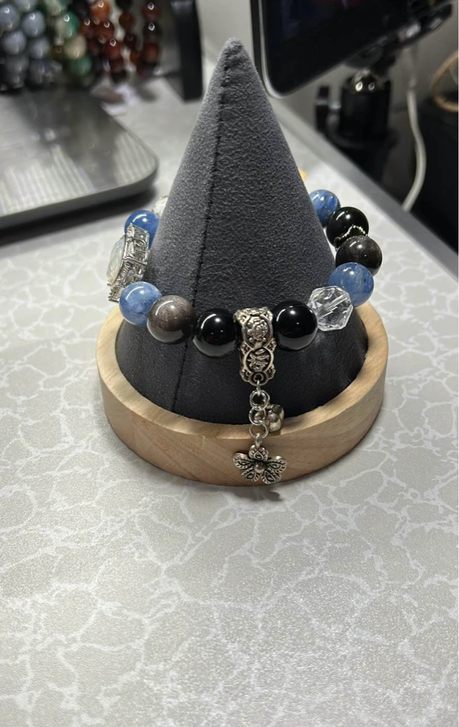 Gemstone Beaded Bracelet with Charm, Silver obsidian - photo 2