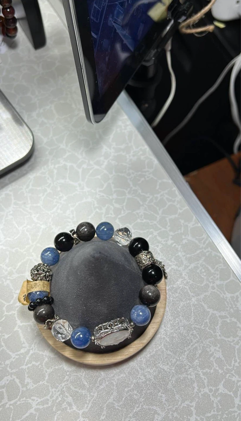 Gemstone Beaded Bracelet with Charm, Silver obsidian - photo 4
