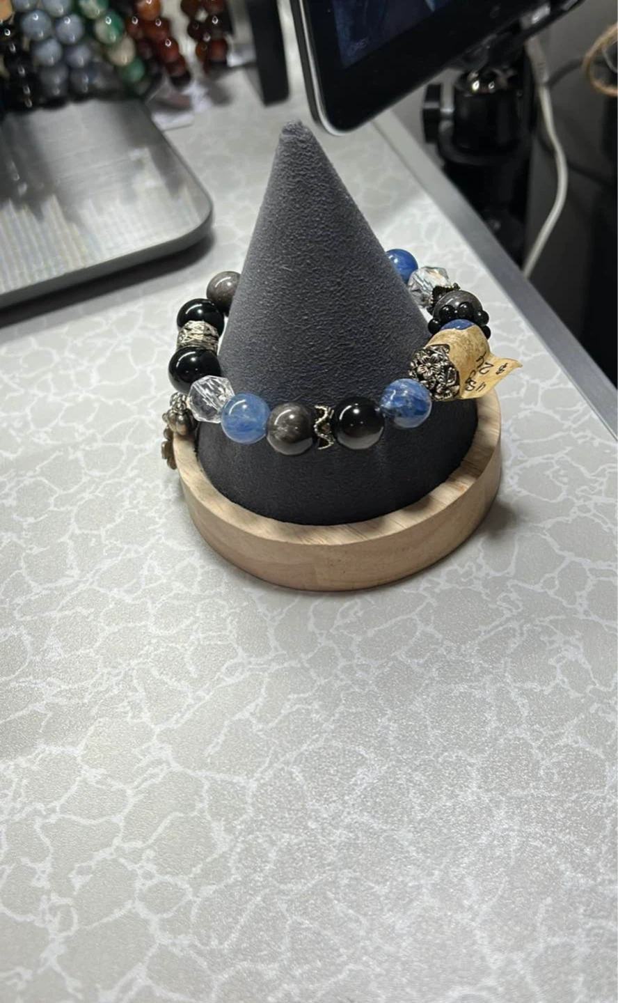 Gemstone Beaded Bracelet with Charm, Silver obsidian - photo 3