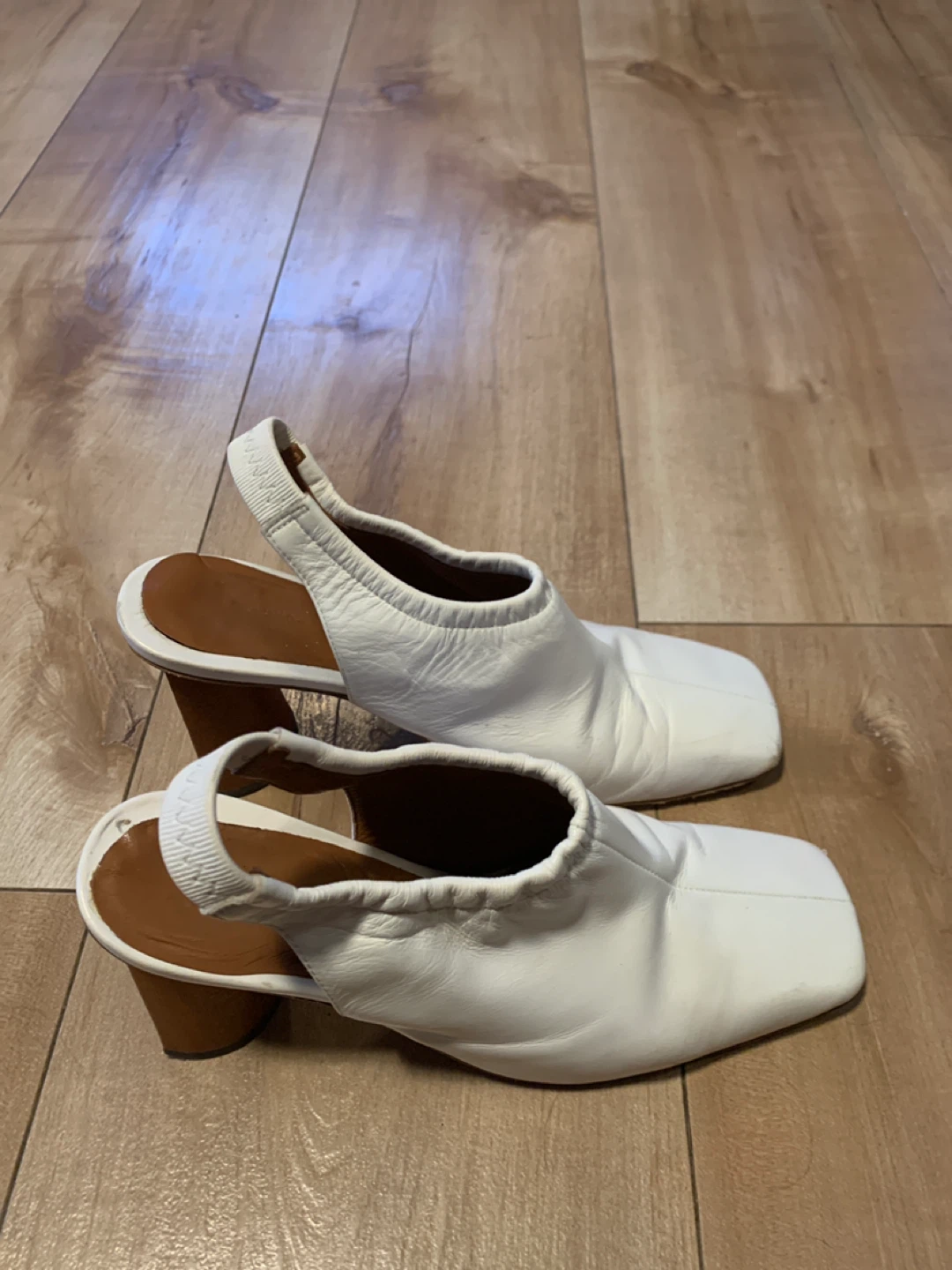 White Leather Square Toe Slingback Heels - photo 4