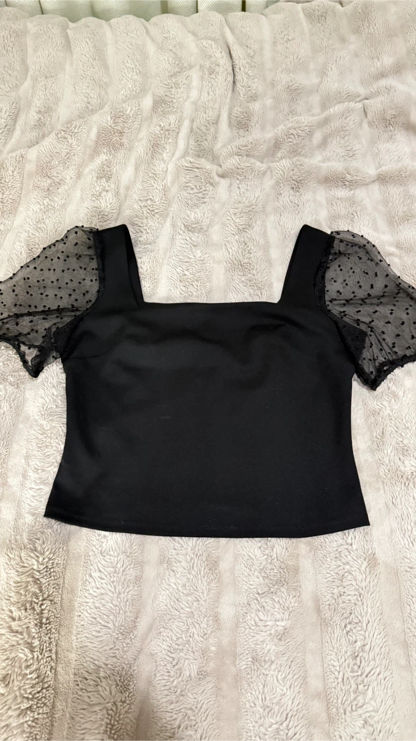 BCBG, Black Square Neck Puff Sleeve Top