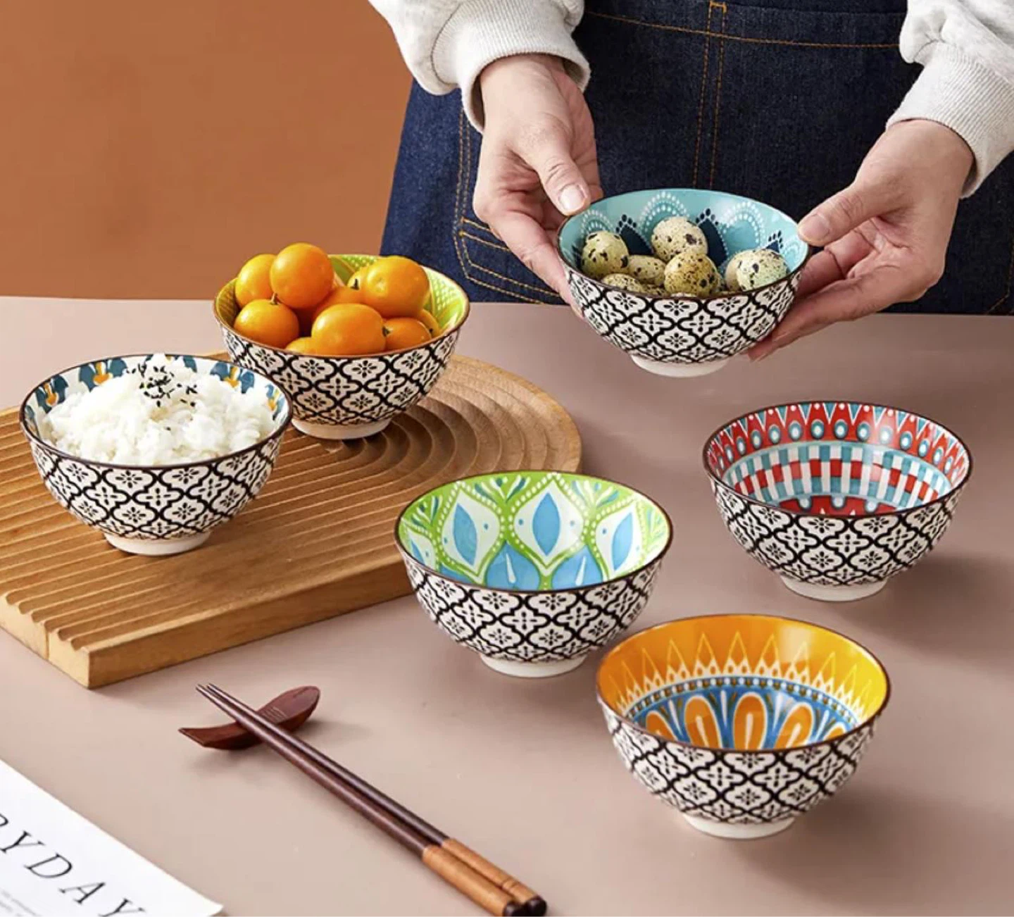 Set of 6 Ceramic Bowls with Assorted Patterns
