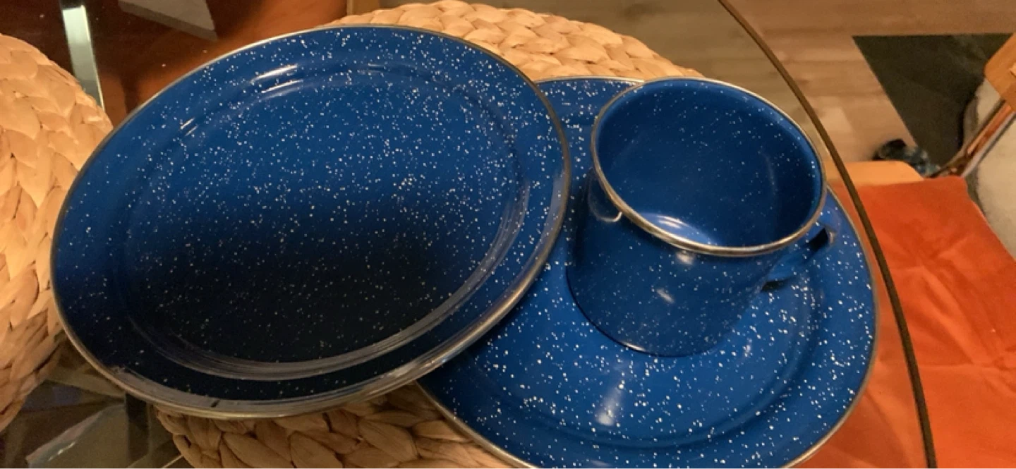Blue Speckled Enamel Camping Plate and Cup Set
