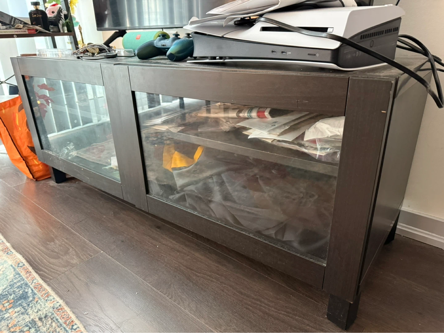 Tv stand / Dark Wood Media Console with Glass Doors
