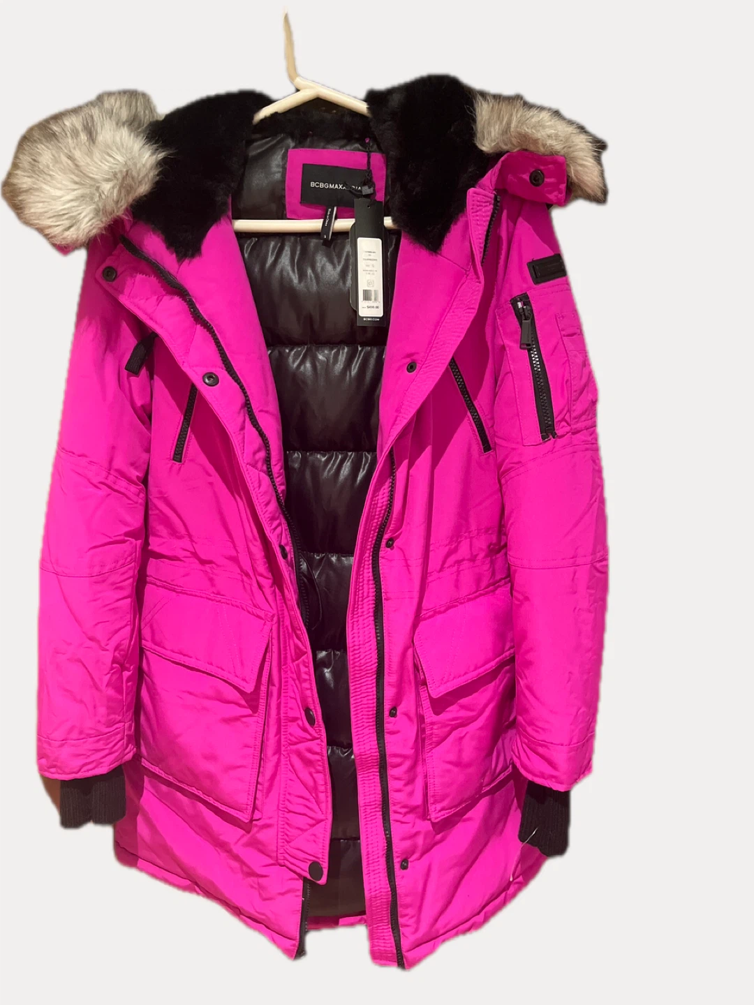 BCBGMAXAZRIA Women's Pink Faux Fur Hood Parka Jacket