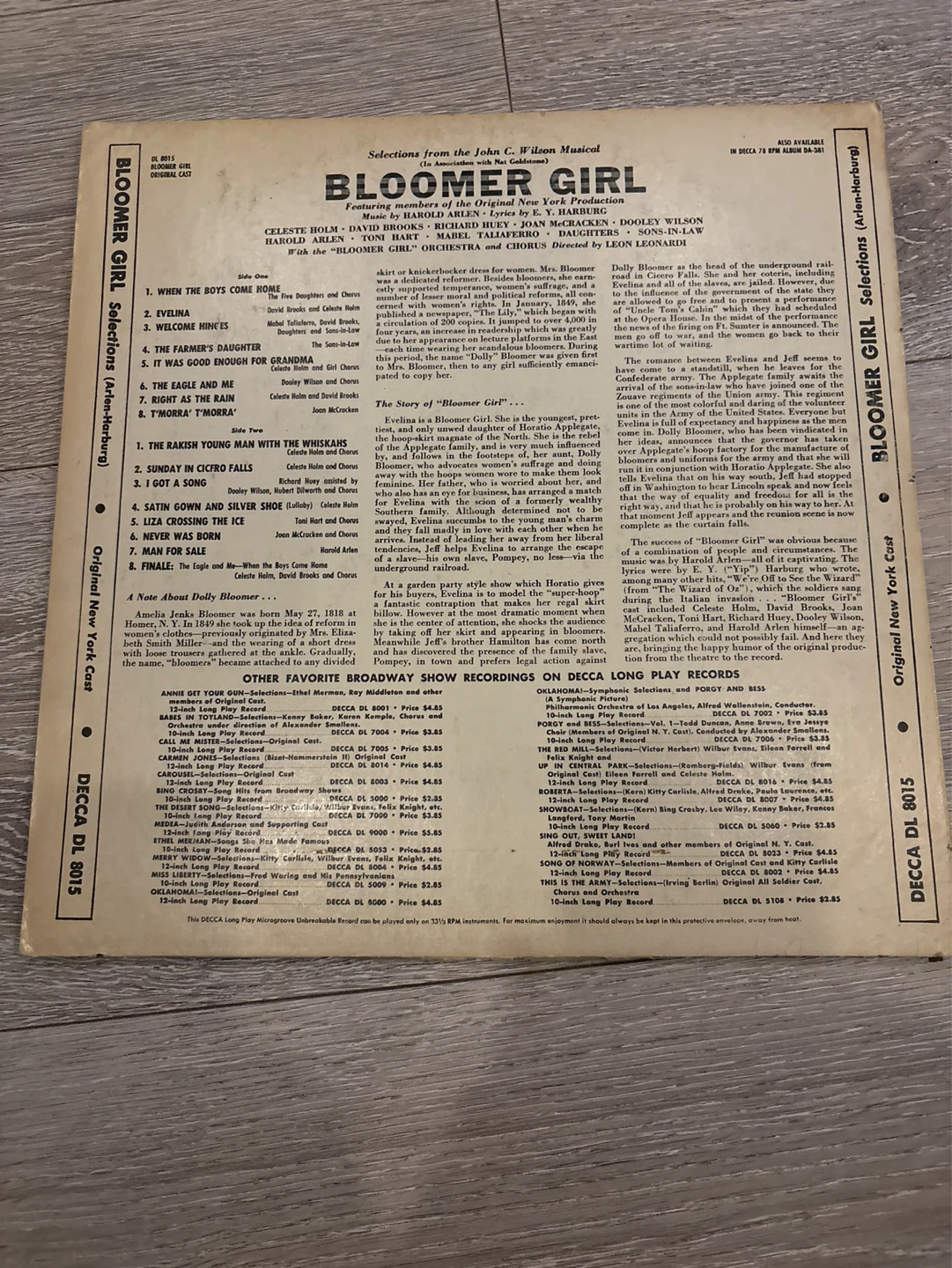 DECCA Bloomer Girl Original Broadway Cast LP DL 8015 - photo 4