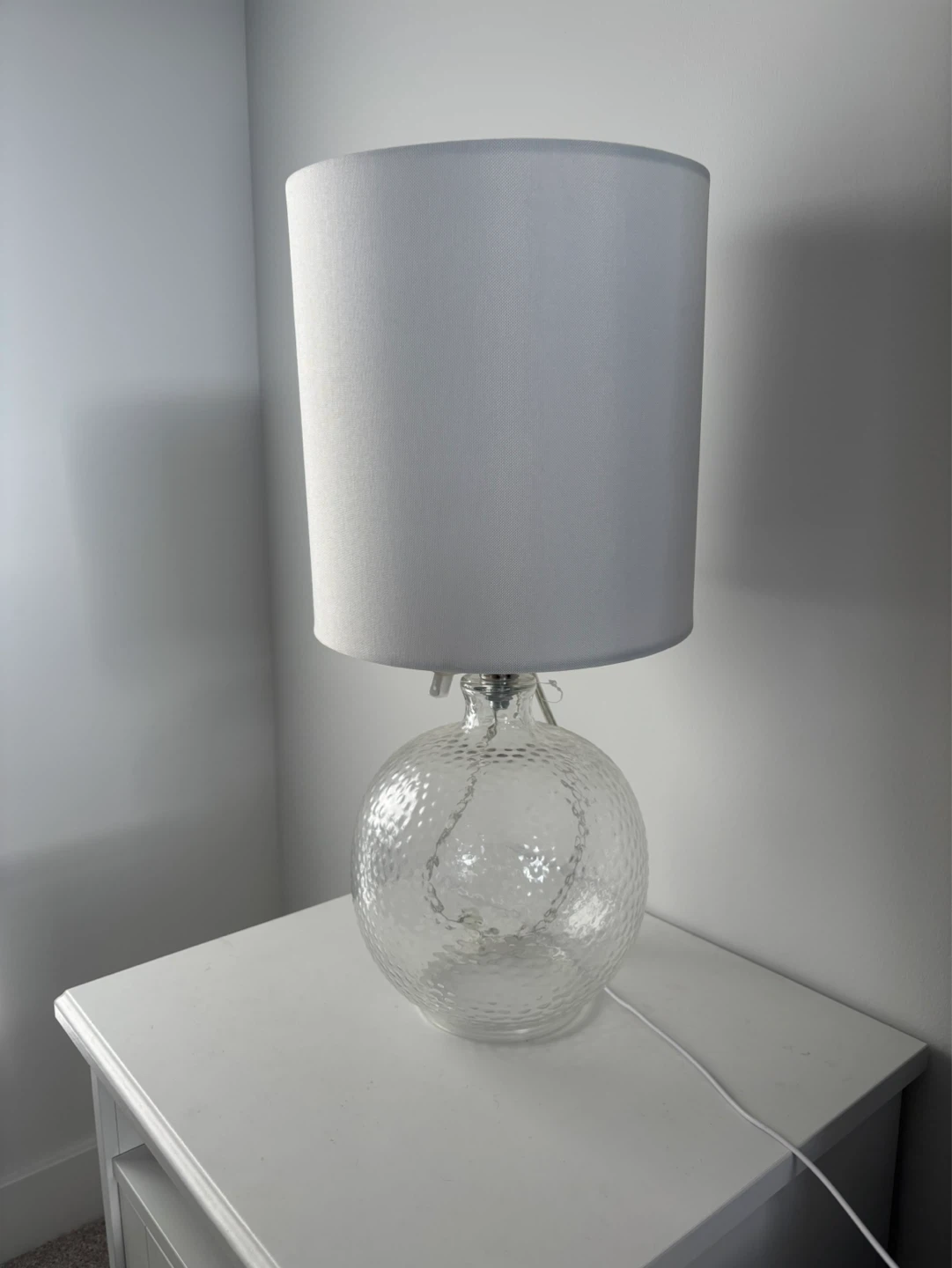 Glass Table Lamp with White Drum Shade