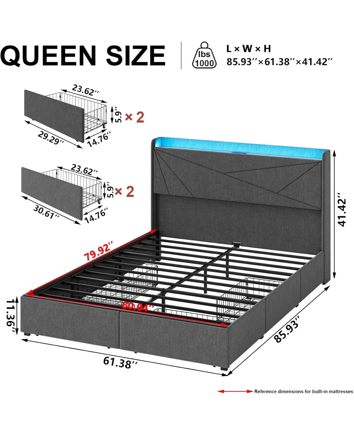 Queen Size Platform Bed Frame with Storage Drawers