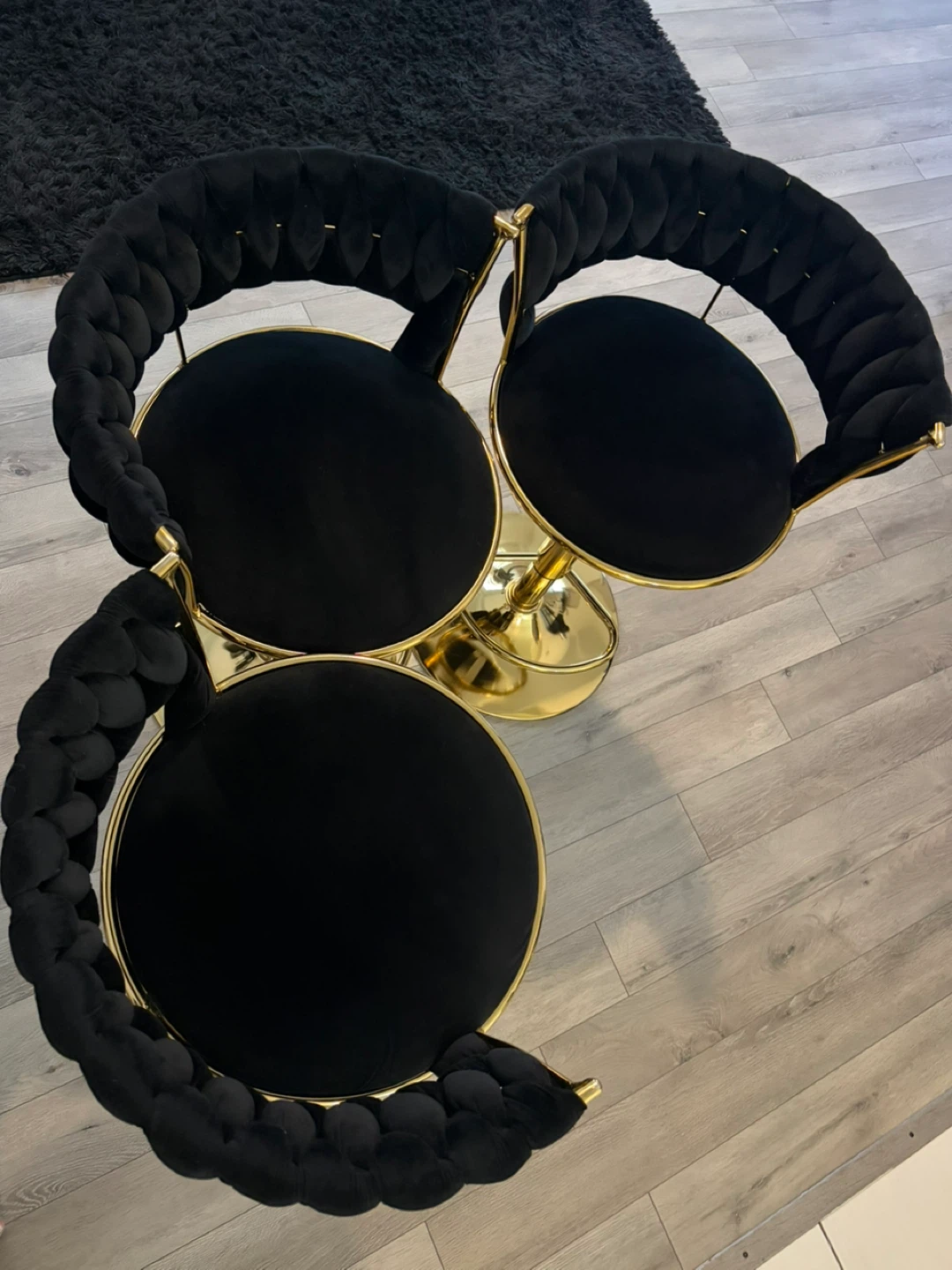 Black Velvet Swivel Bar Stools with Gold Accents