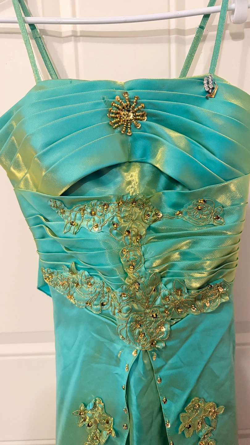 Teal Formal Gown with Gold Beading  Size M - photo 2