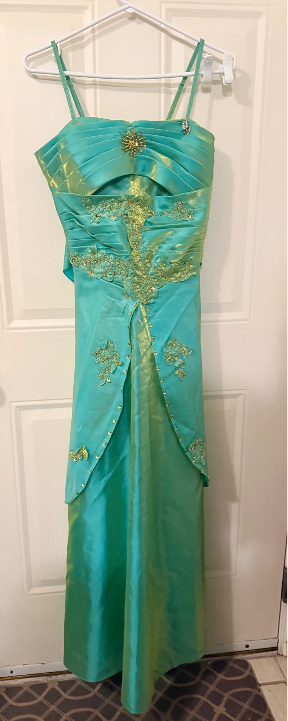 Teal Formal Gown with Gold Beading  Size M - photo 3