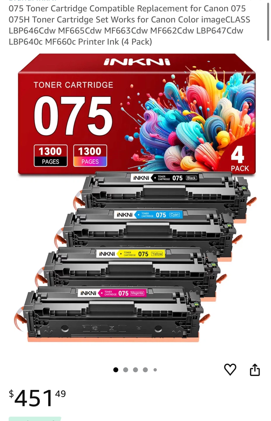 INKNI 075 Toner Cartridge 4 Pack for Canon imageCLASS