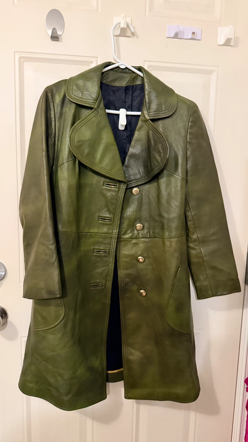 Green Leather Trench Coat. Size M