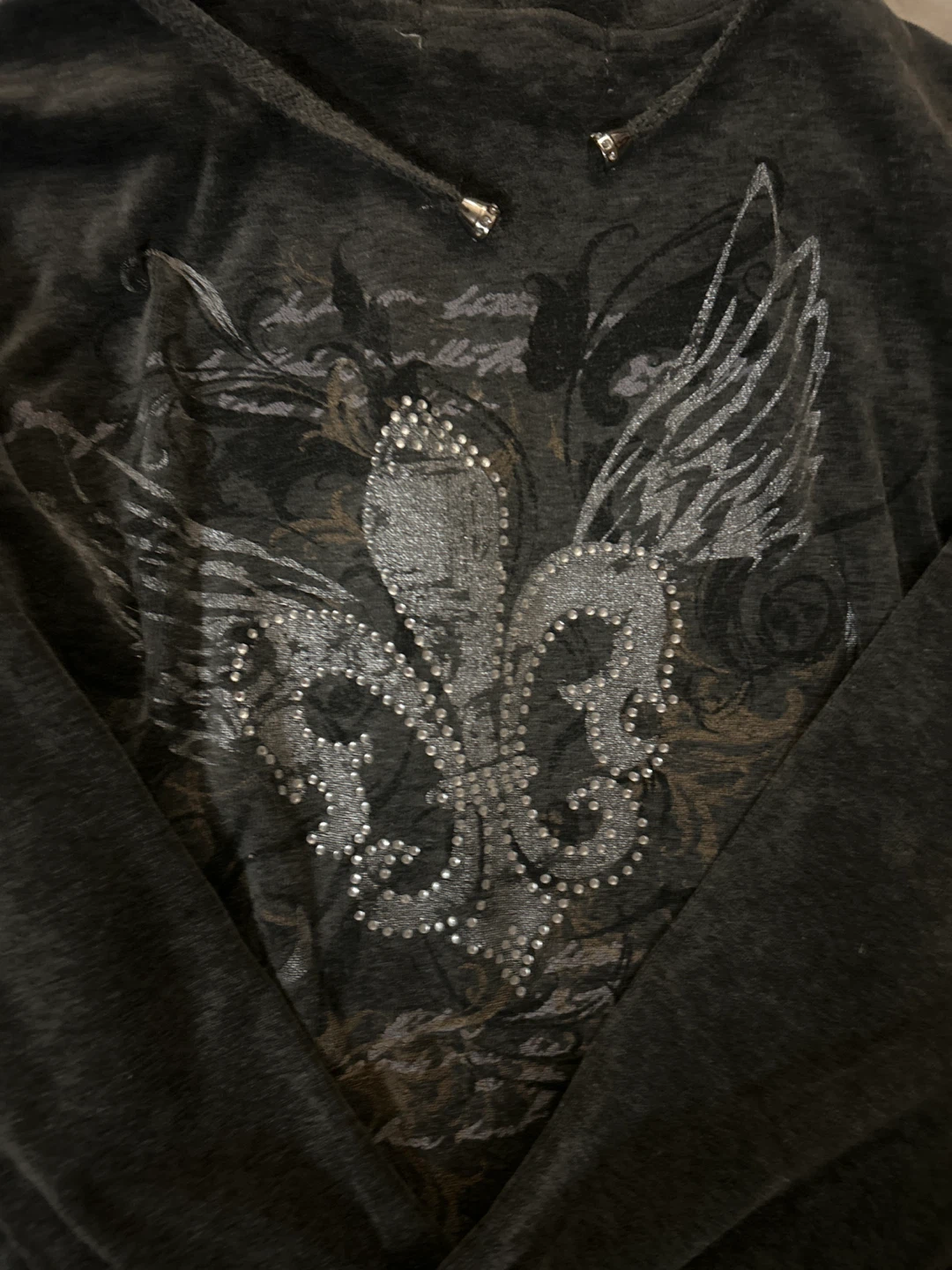 Grey Velour Hoodie with Rhinestone Graphic