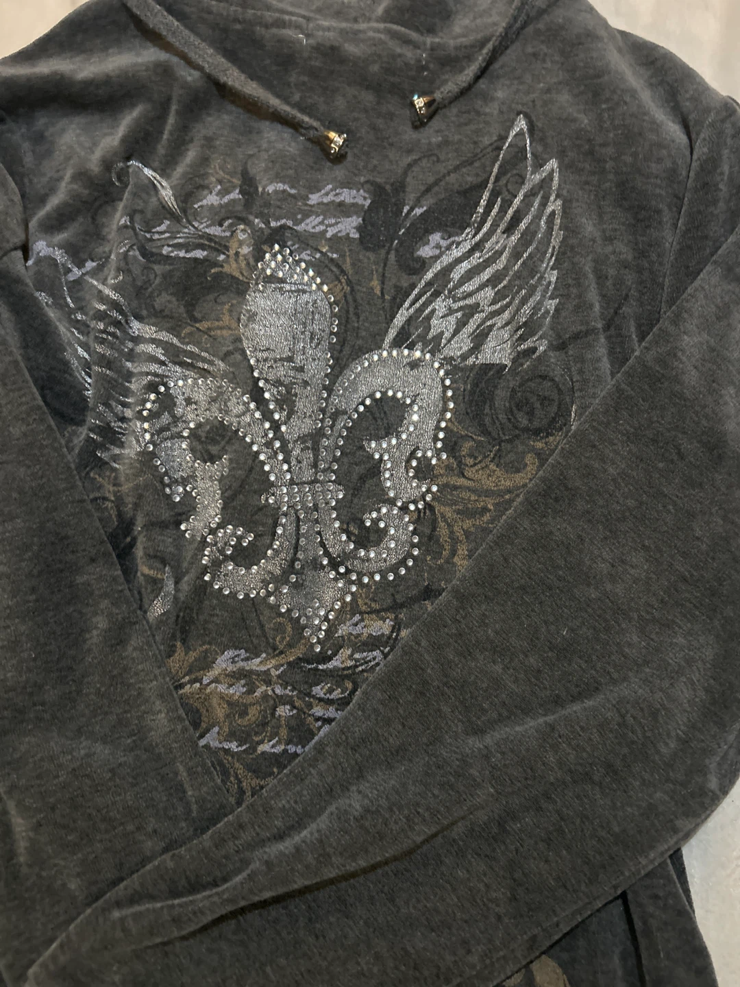 Grey Velour Hoodie with Rhinestone Graphic - photo 2