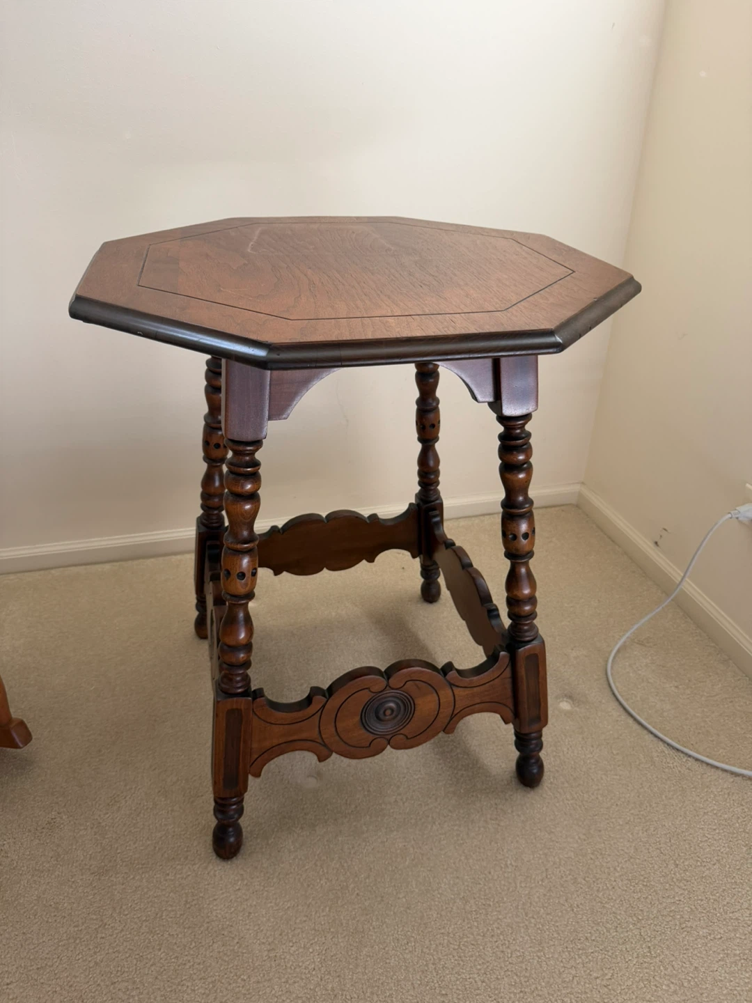 Antique Octagonal Side Table and Wooden Chair with Floral Seat - photo 3