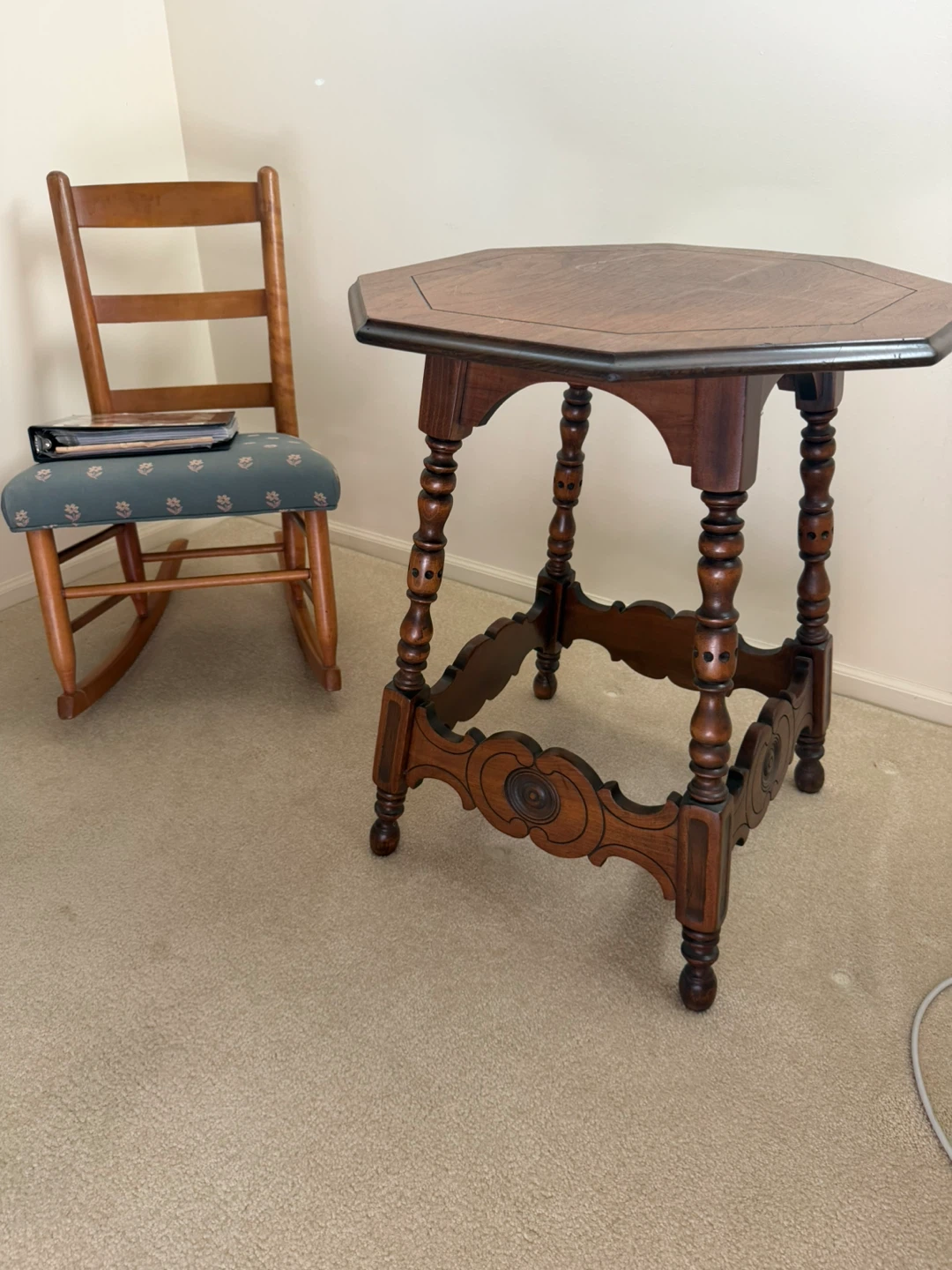 Antique Octagonal Side Table and Wooden Chair with Floral Seat - photo 2