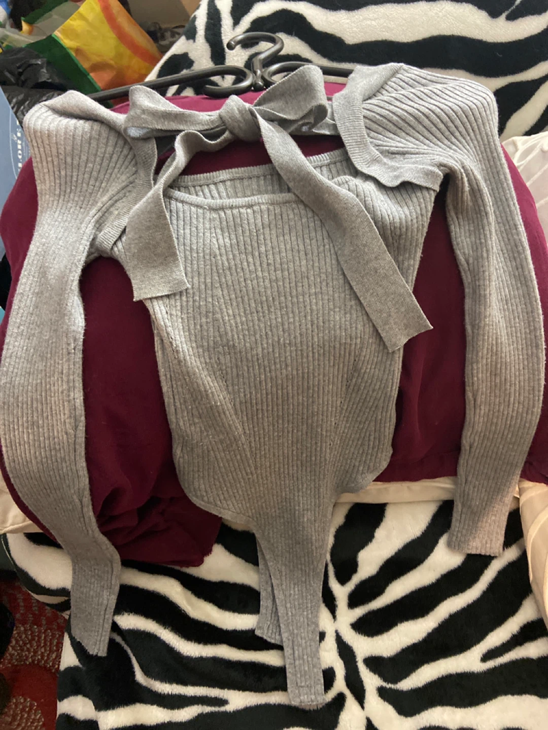 Grey Ribbed Long Sleeve Bodysuit with Tie Neck