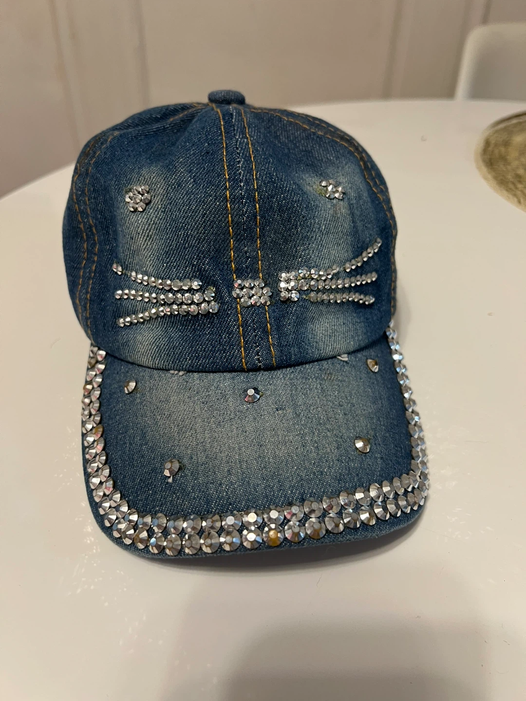 Denim Baseball Cap with Rhinestone Cat Ears and Brim
