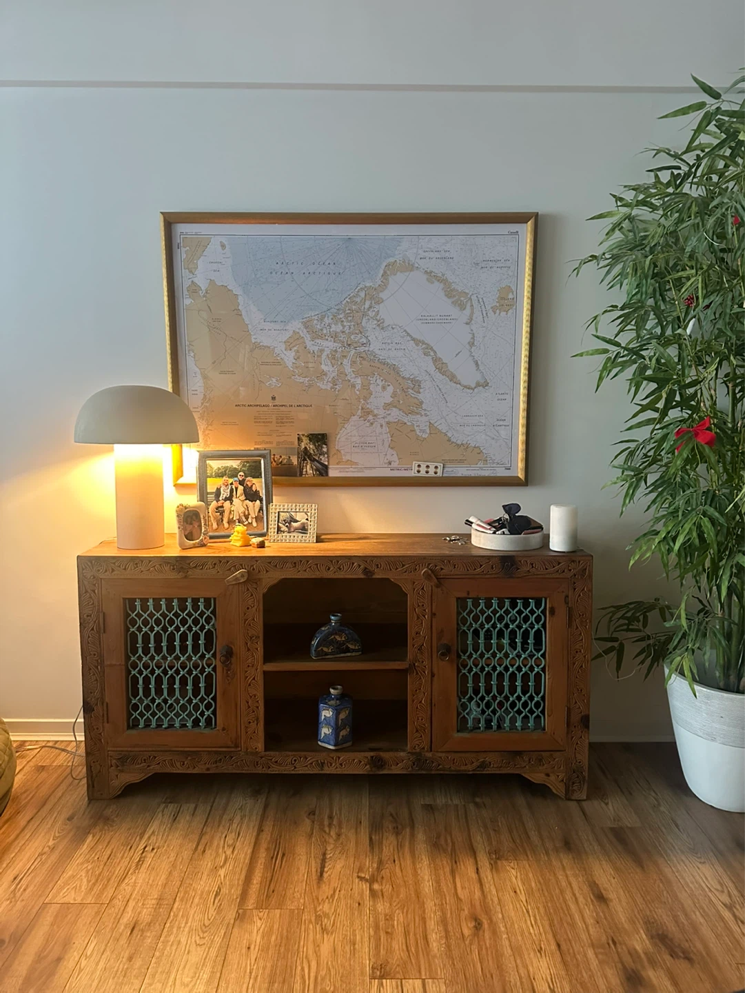 Vintage Carved Wood Sideboard with Teal Doors