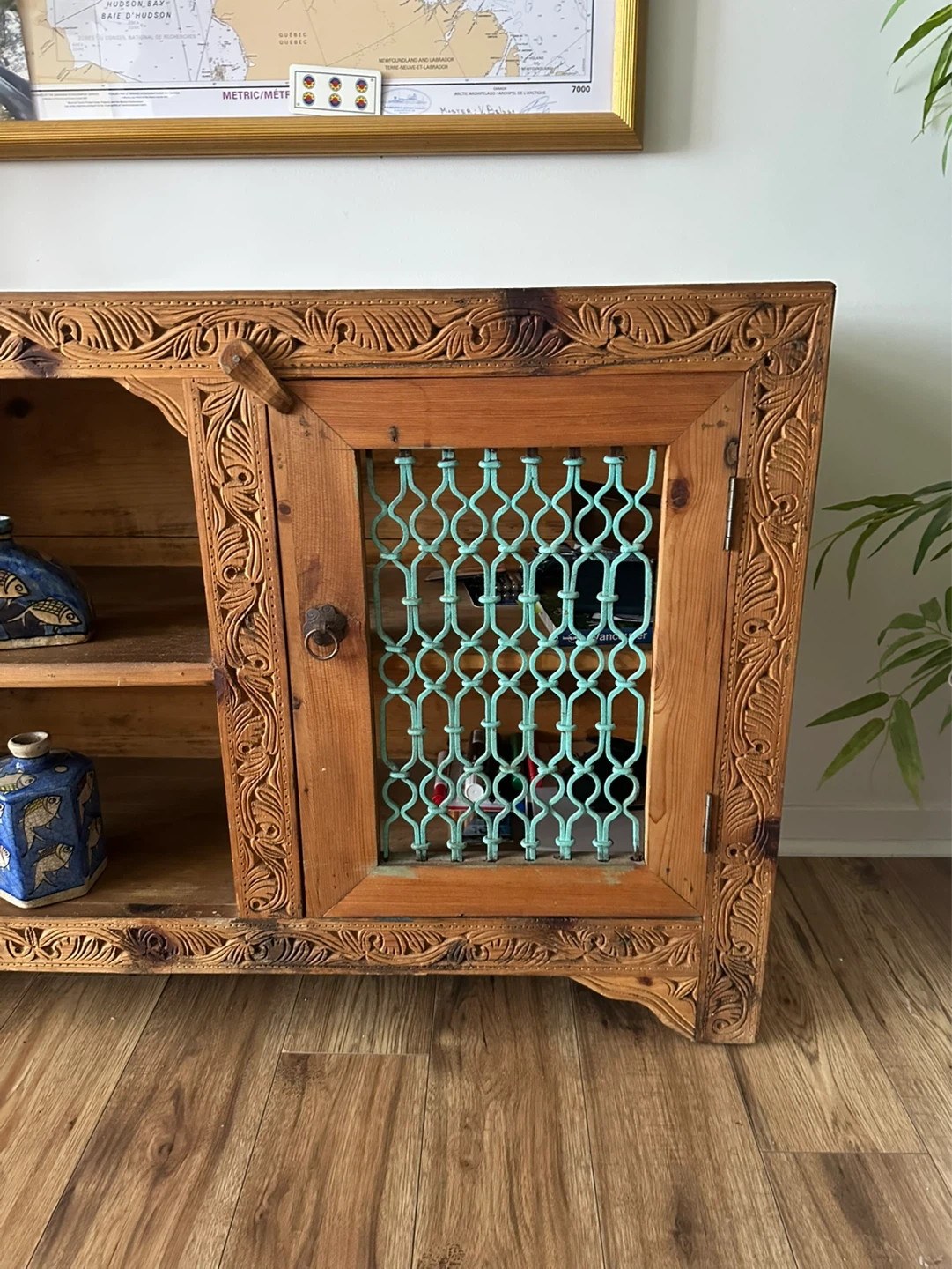 Vintage Carved Wood Sideboard with Teal Doors - photo 2