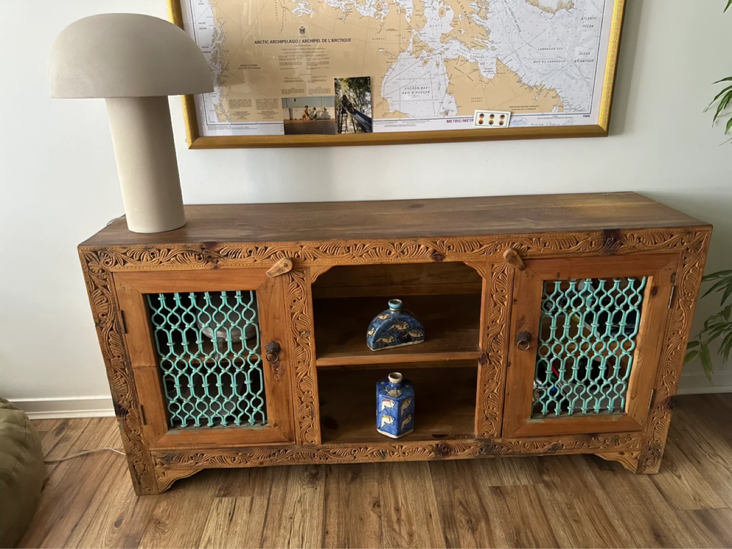 Vintage Carved Wood Sideboard with Teal Doors - photo 3