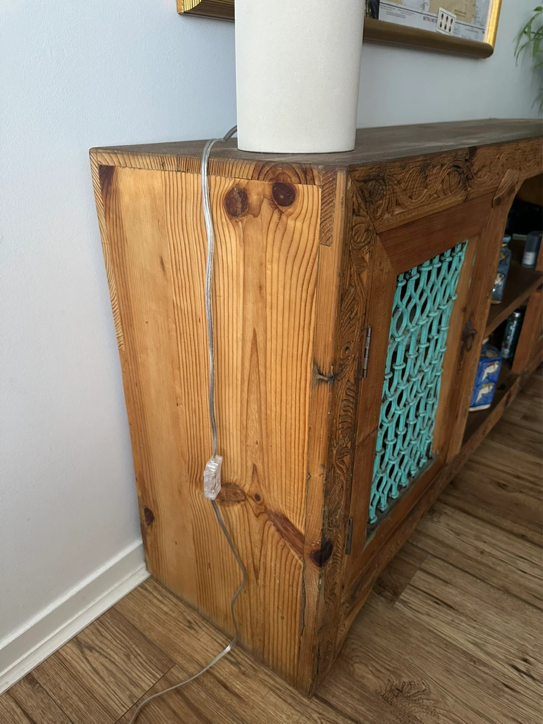 Vintage Carved Wood Sideboard with Teal Doors - photo 5