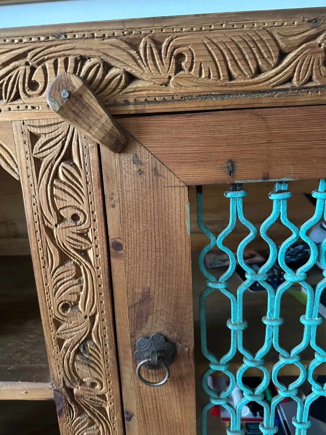 Vintage Carved Wood Sideboard with Teal Doors - photo 4