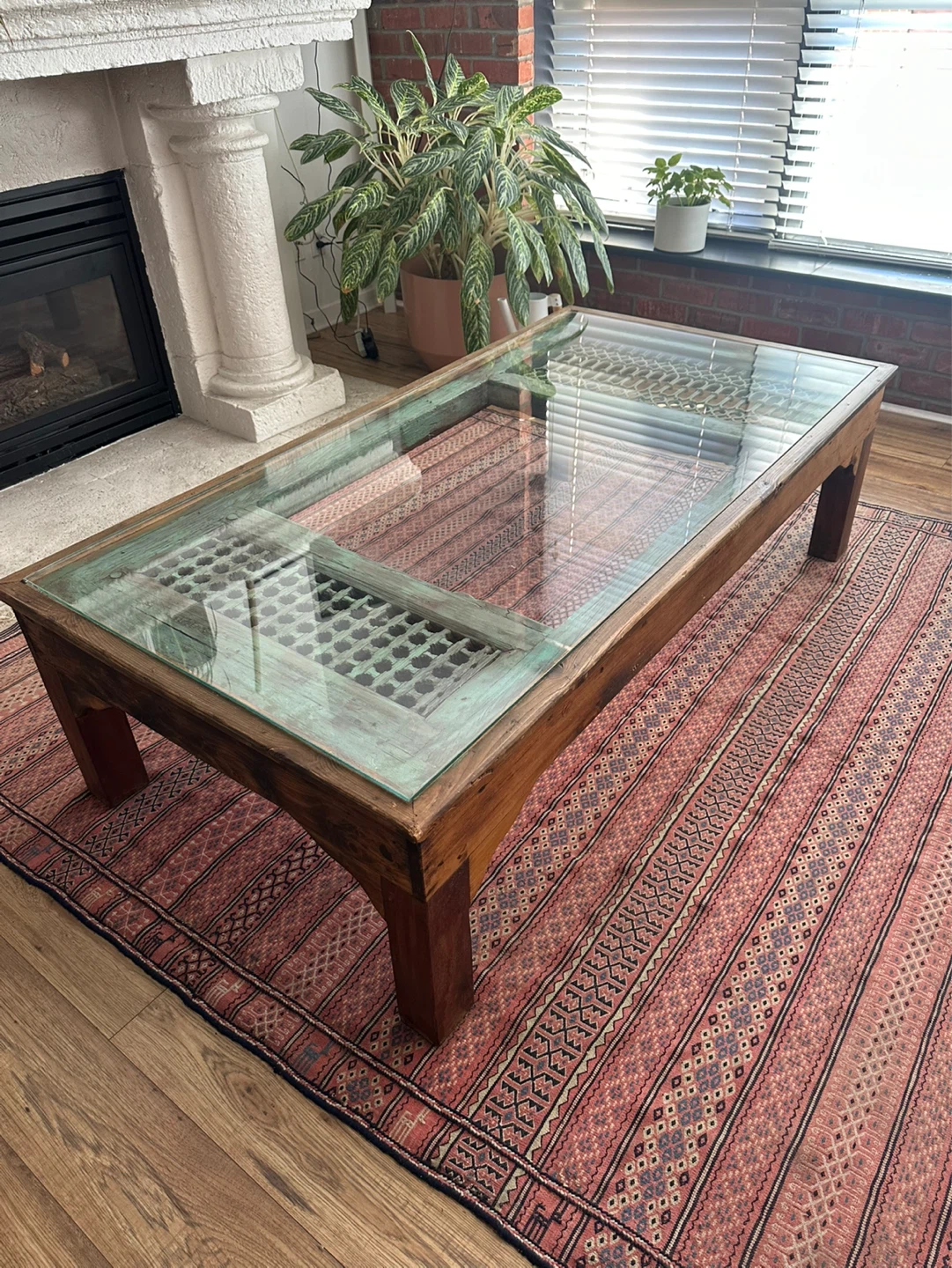 Unique Wooden Coffee Table with Glass Top