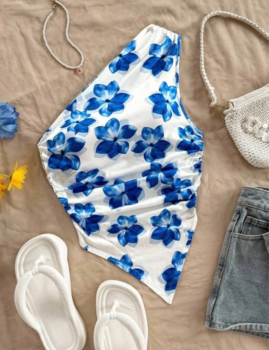 Blue Floral One Shoulder Ruched Top
