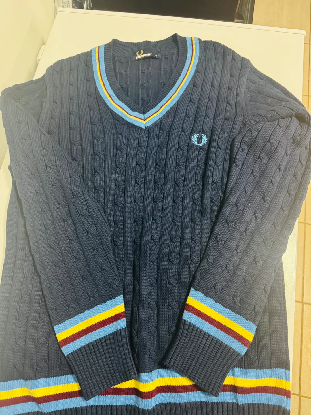 Fred Perry Navy Cable Knit V-Neck Sweater Size M