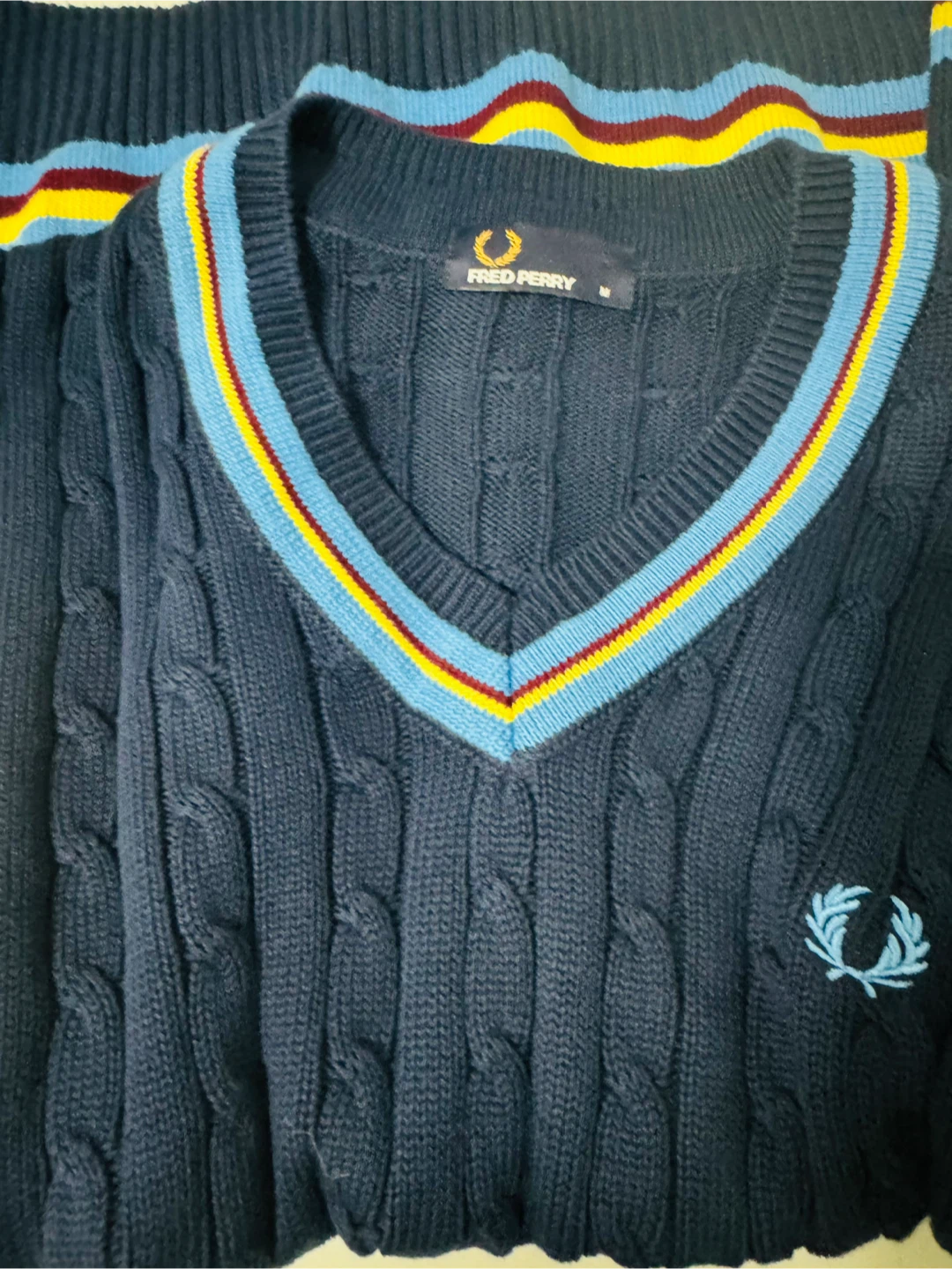 Fred Perry Navy Cable Knit V-Neck Sweater Size M - photo 5