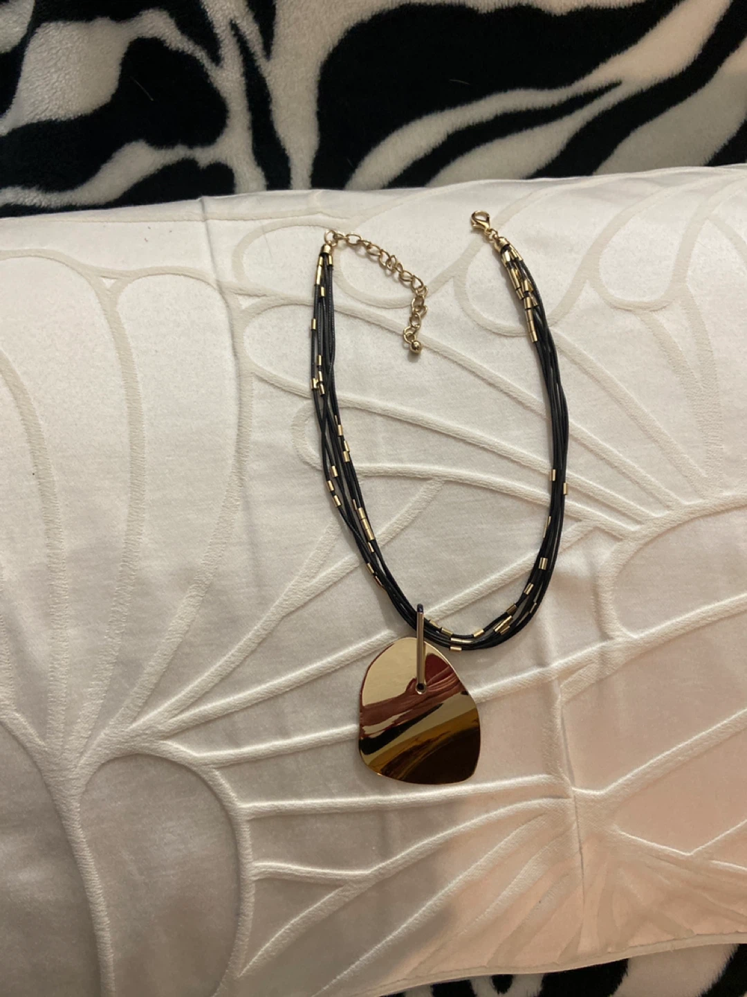 Layered Black Cord Necklace with Gold-Tone Pendant