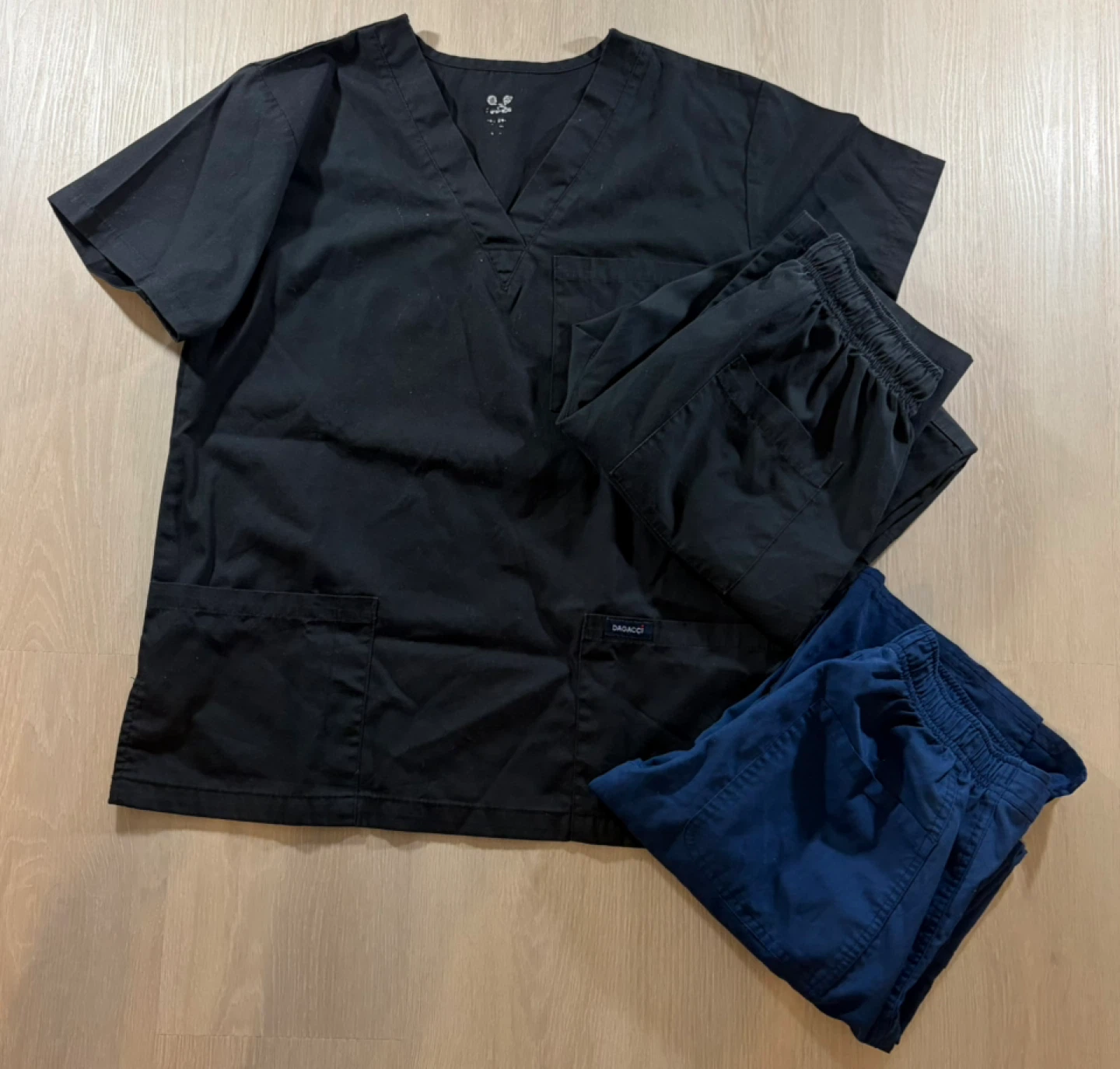 Black Scrubs Top and Navy Scrub Pants