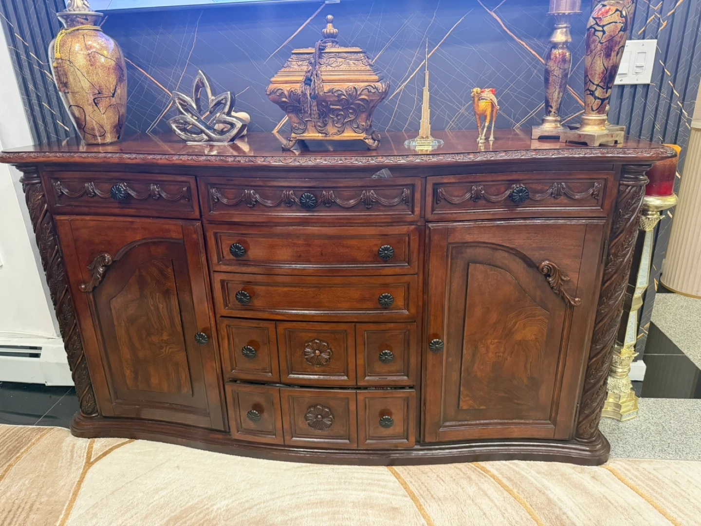 Antique Dark Wood Buffet Sideboard Cabinet