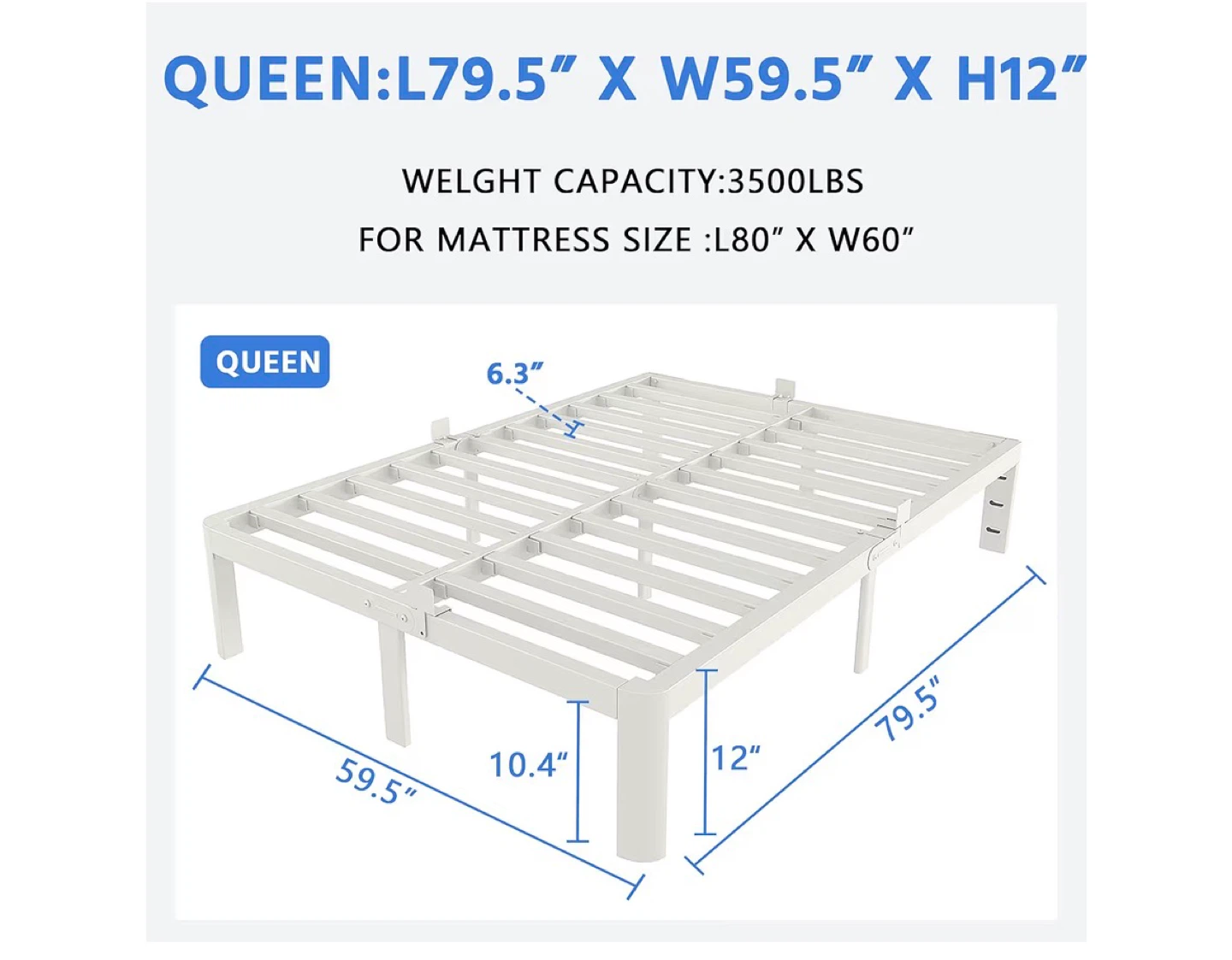 Queen Metal Bed Frame with Anti-Slip Buckles - White - photo 2