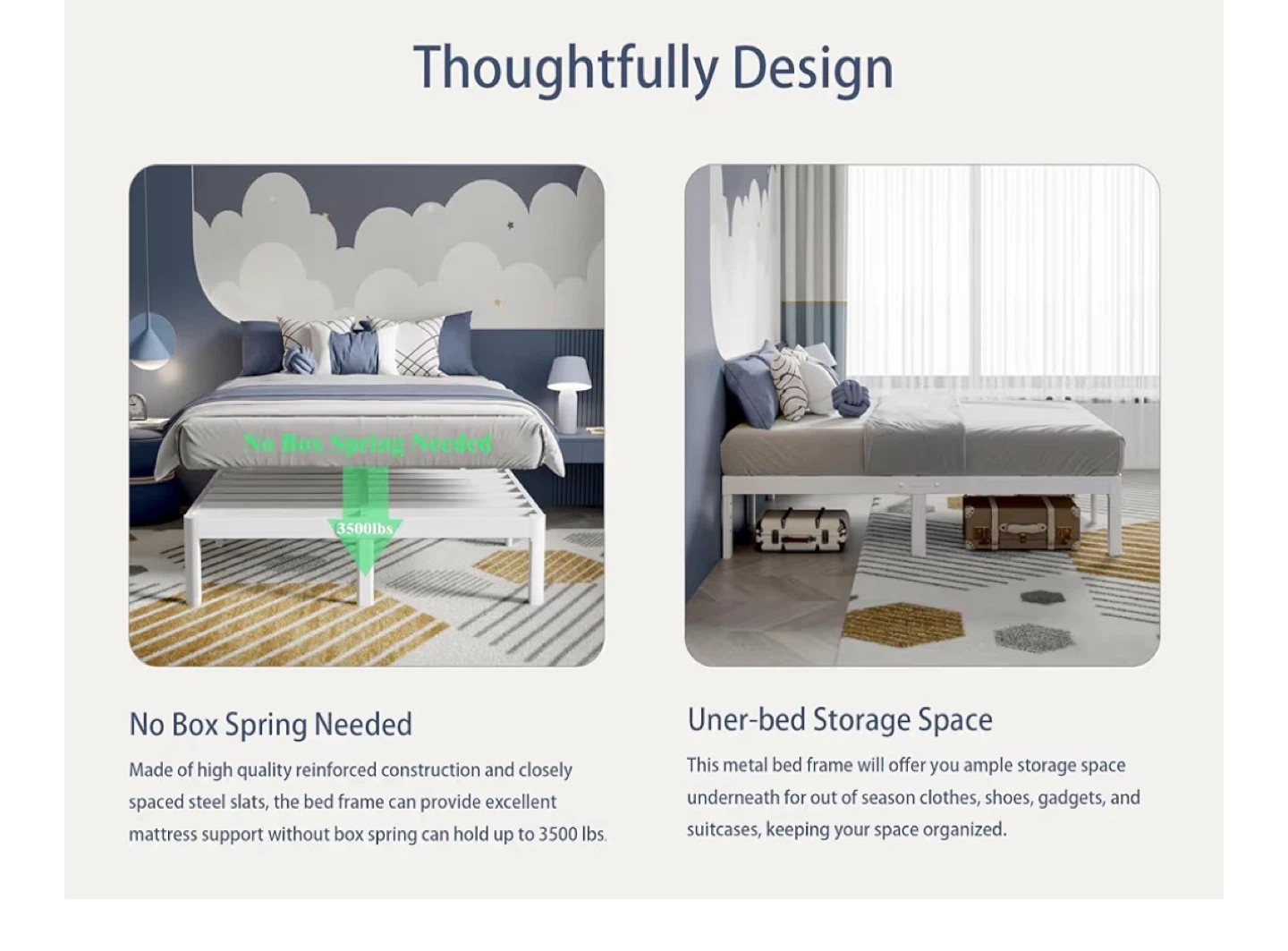 Queen Metal Bed Frame with Anti-Slip Buckles - White - photo 4