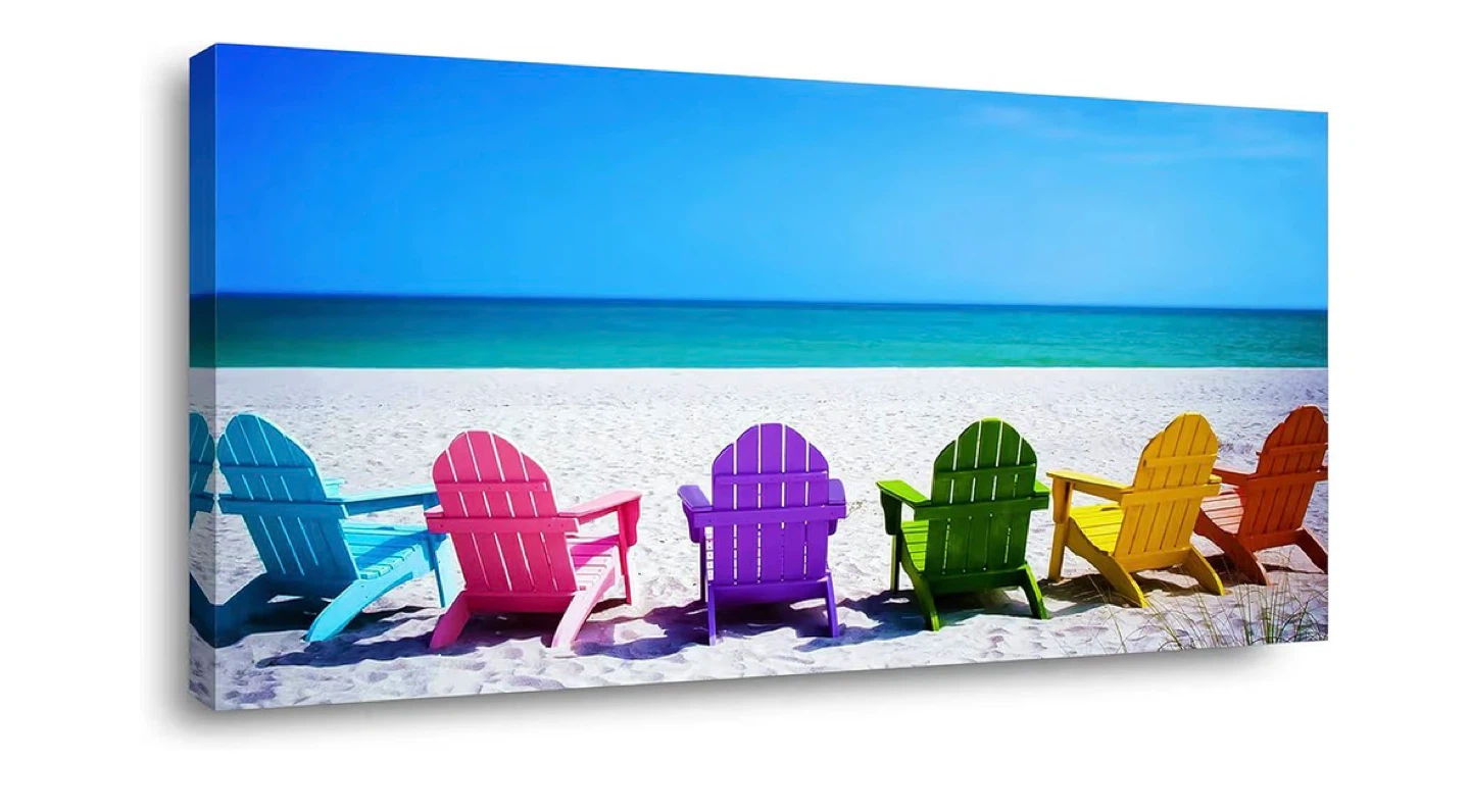 Canvas Print: Adirondack Chairs on Beach Landscape - 48" x 24"