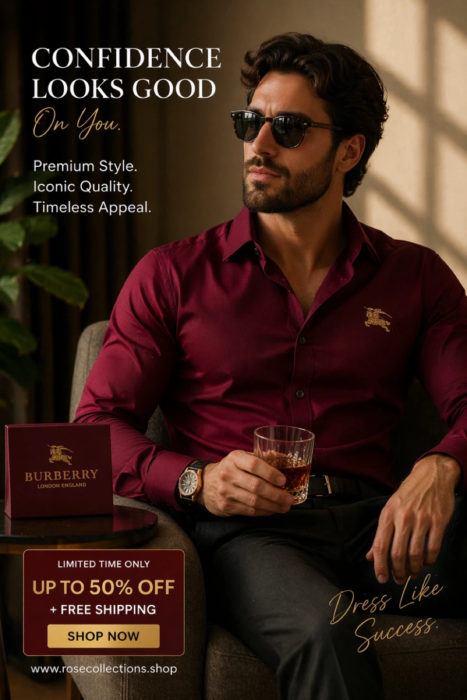 BURBERRY London England Men's Dress Shirt - Burgundy, Size M