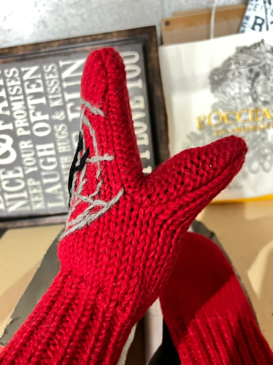 Red Knit Mittens with Spiderweb Design