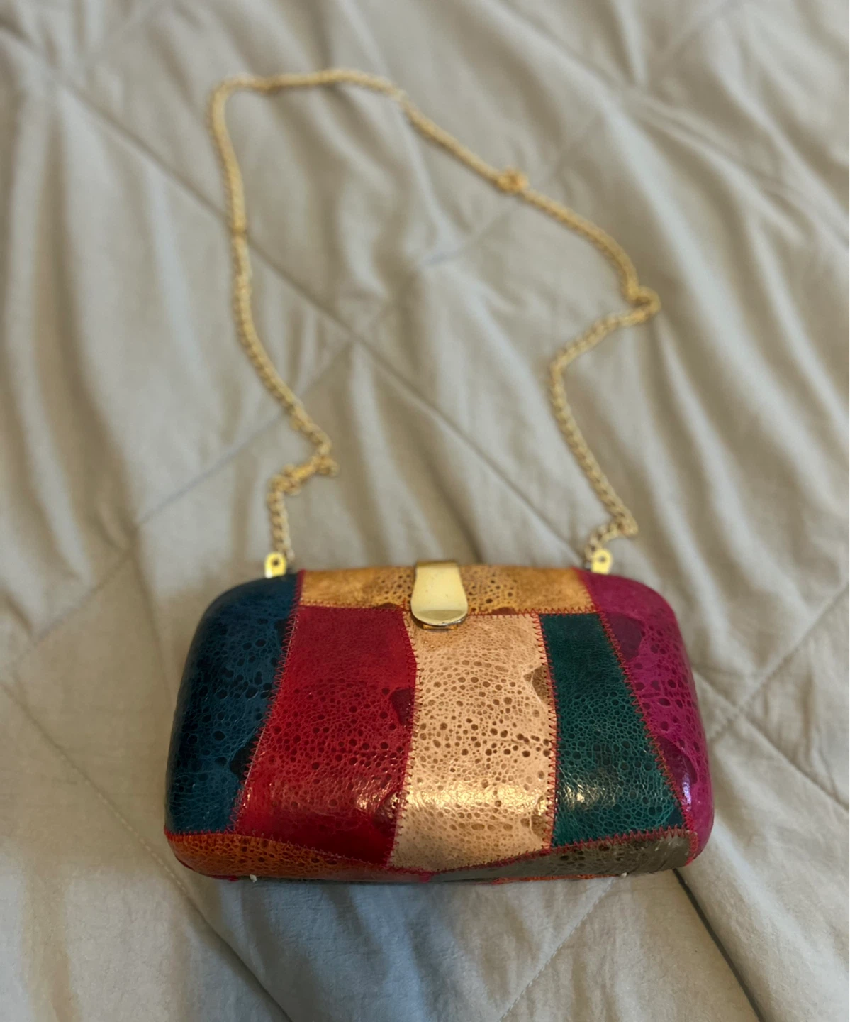 Multicoloured Patchwork Clutch Bag with Gold Chain