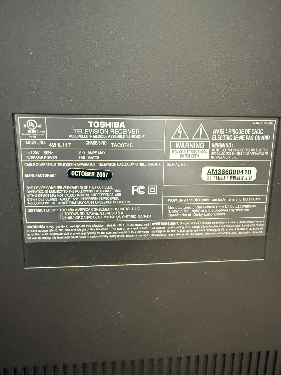 Toshiba 42" Television - photo 3