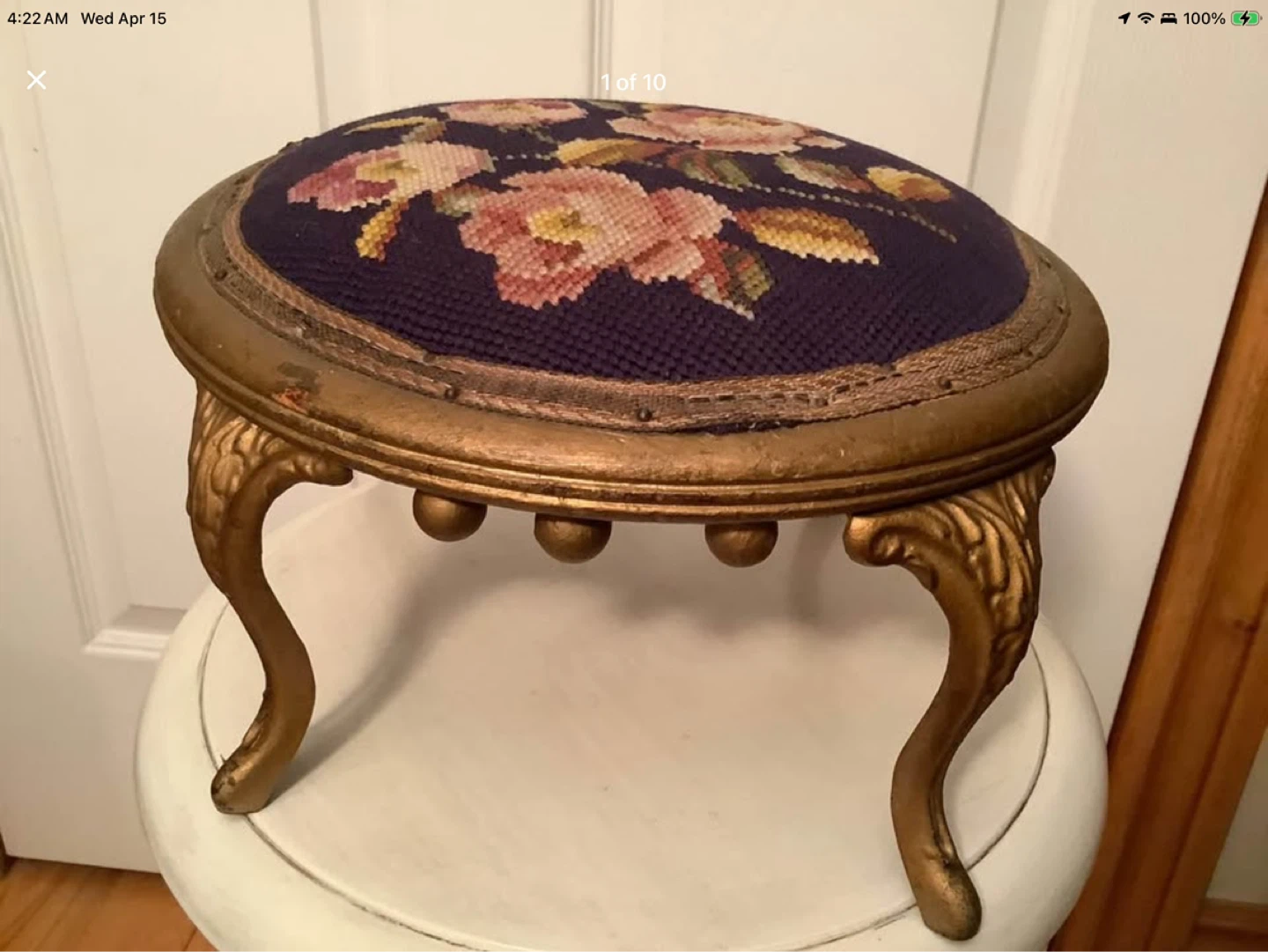 Ant/Vic Needlepoint Foot Stool w Cast Iron Cabriole Legs 🐞
