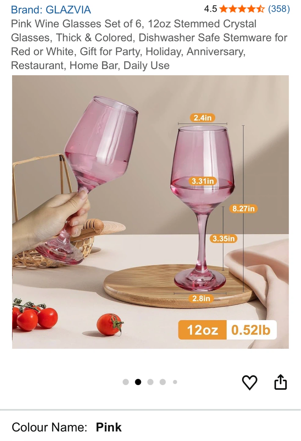 GLAZVIA Pink Stemmed Crystal Wine Glasses Set of 6 - 12oz - photo 2