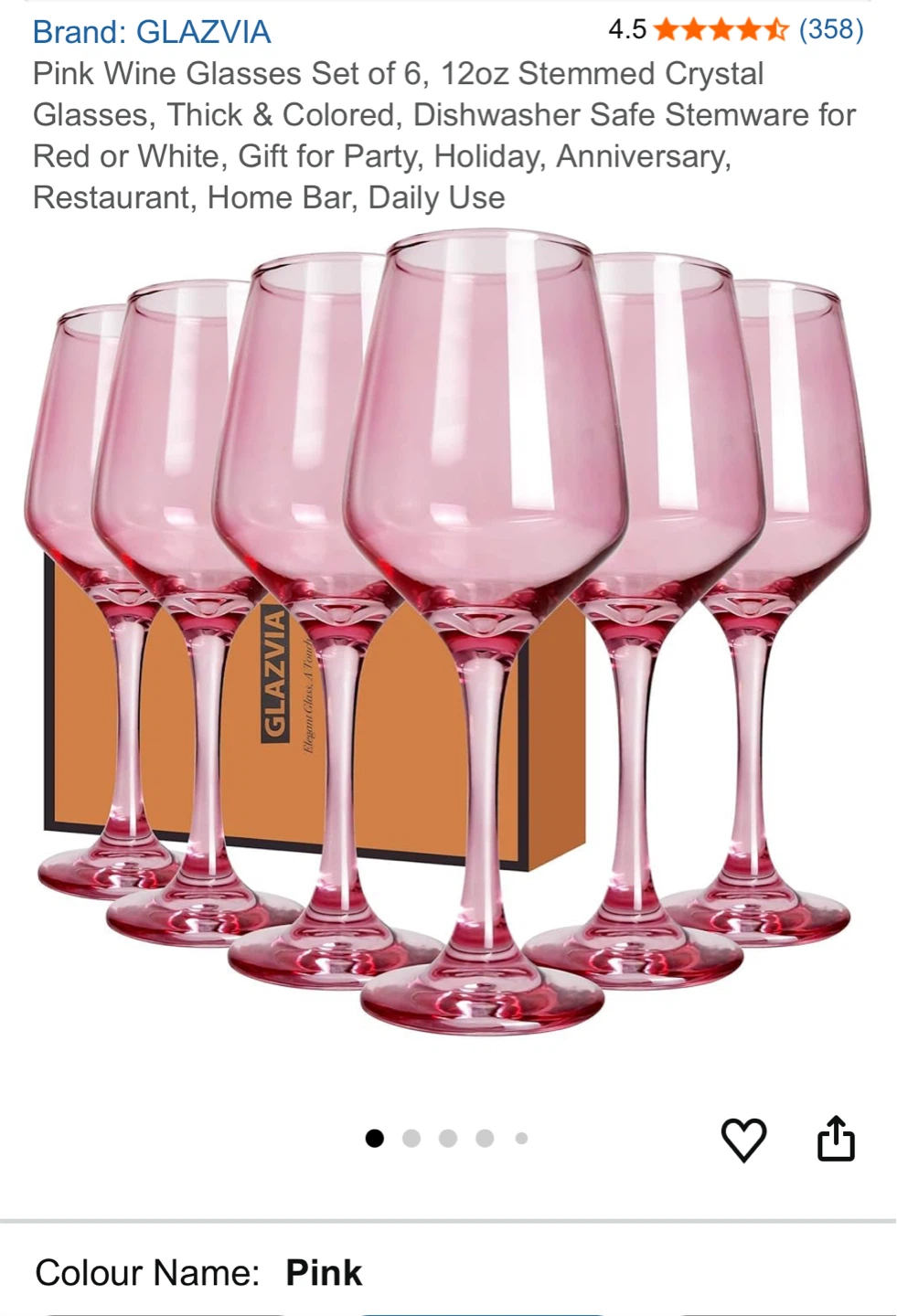 GLAZVIA Pink Stemmed Crystal Wine Glasses Set of 6 - 12oz