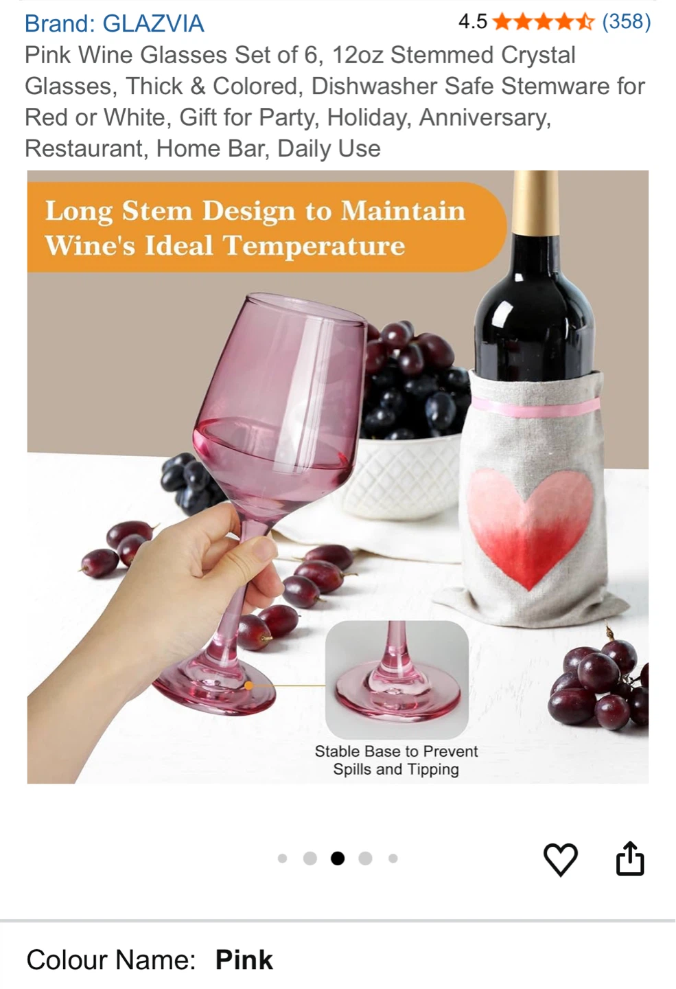 GLAZVIA Pink Stemmed Crystal Wine Glasses Set of 6 - 12oz - photo 4