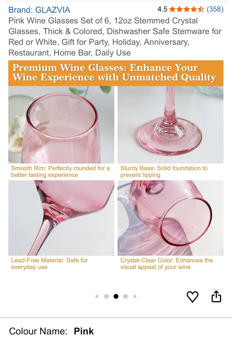 GLAZVIA Pink Stemmed Crystal Wine Glasses Set of 6 - 12oz - photo 3