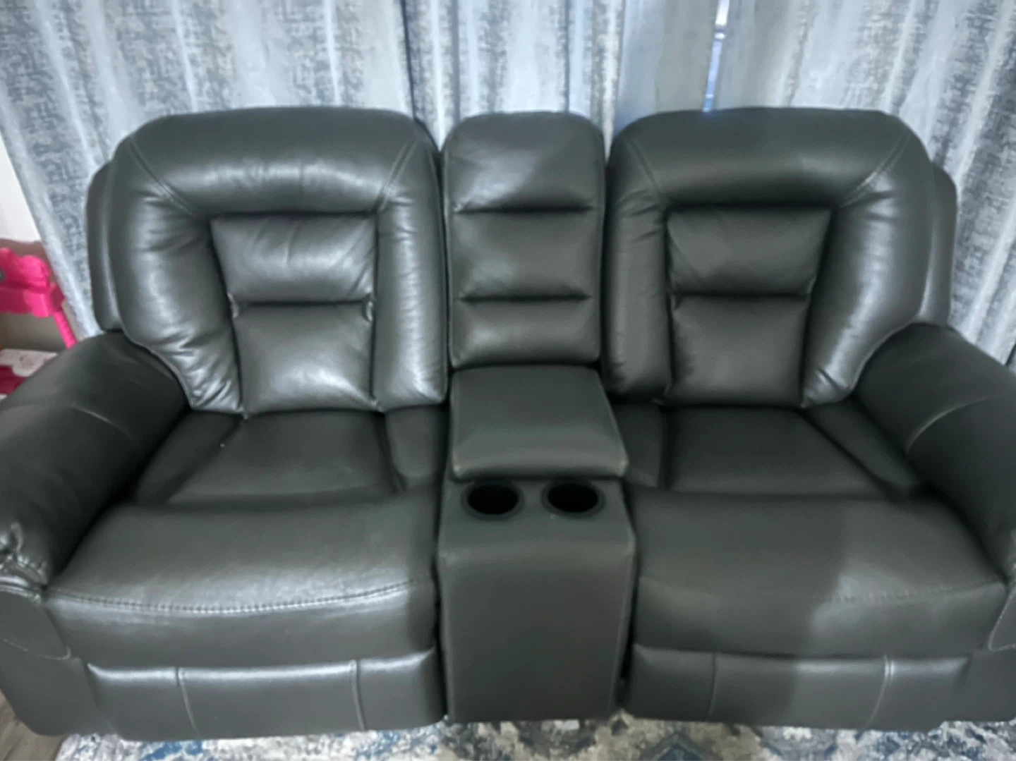 Grey Leather Loveseat Recliner with Cup Holders