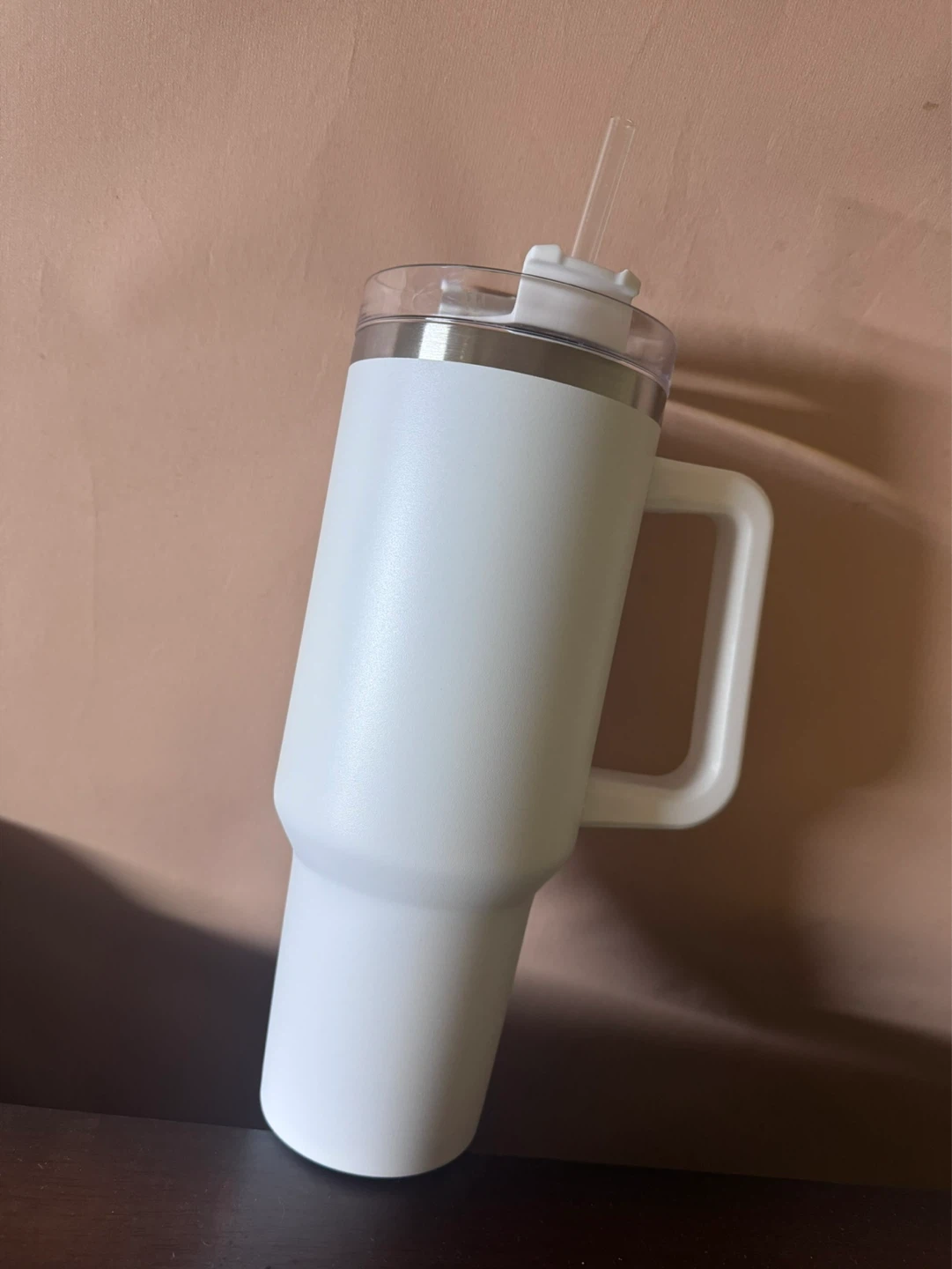White Insulated Tumbler with Handle and Straw