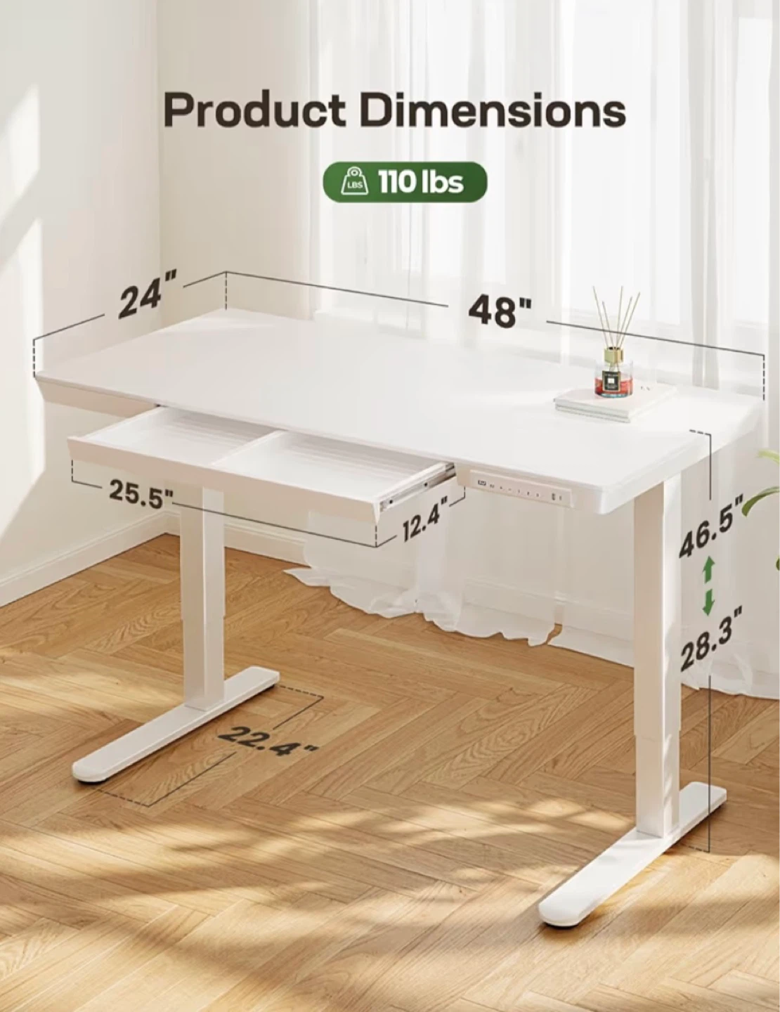 White Adjustable Standing Desk with Drawer - 48" x 24" - photo 3